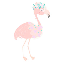 Cute pink flamingo, with flower veil and flower wreath.
