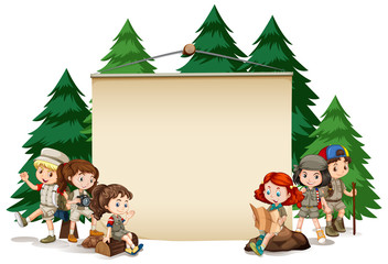 Banner template design with kids in outdoor outfit