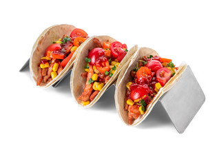 Tasty tacos on white background