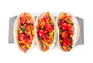 Tasty tacos on white background