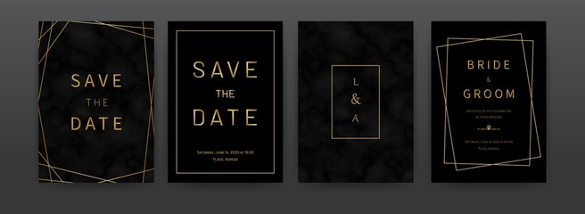 Black golden marble invitation cards. Vector artistic luxury texture backgrounds with geometric frames, design template for pattern, graphic poster, brochure, wedding birthday invitations