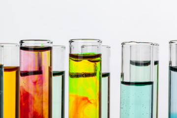 Still life in laboratory. Test tubes with colorful chemicals