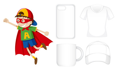 Graphic design on different products with boy in hero costume