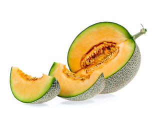 cantaloupe melon slices isolated on white background