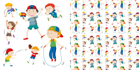 Seamless background design with isolated set of kids playing