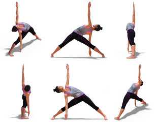 Woman in Yoga Triangle Pose with 6 angles of view
