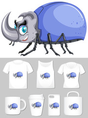 Graphic of blue beetle on different product templates