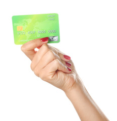 Female hand with credit card on white background