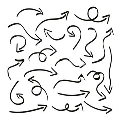 Doodle pencil drawing arrow set. Hand drawn abstract grunge curved arrows for concept design. Vector ink writing arrows collection