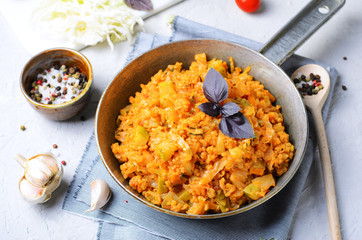 Braised Cabbage with Bulgur and Zucchini, Tasty Vegetarian Meal