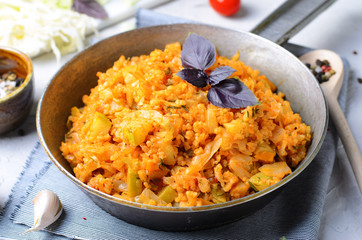 Braised Cabbage with Bulgur and Zucchini, Tasty Vegetarian Meal