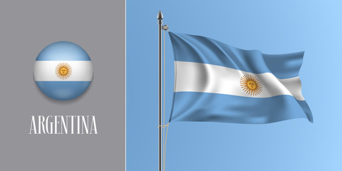 Argentina waving flag on flagpole and round icon vector illustration