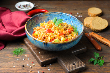 Spelt with Vegetables in a Bowl, Tasty Vegetarian Meal