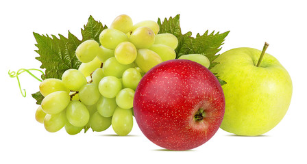 Fresh grapes and apples isolated on white background with clipping pass
