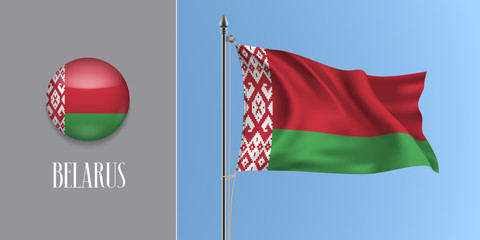 Belarus waving flag on flagpole and round icon vector illustration