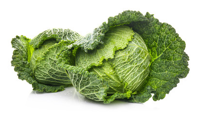 Tasty ripe cabbages on white background
