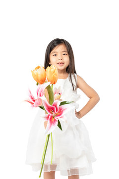 Portrait of so cute thoughtful asian child girl  with flower in hands isolated on white background . Imagine, idea ,fun ,dreaming ,Thinking freedom people. Space for text.