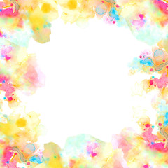 Bright frame of abstract watercolor spots. For artistic design of images, photos. It's hand painted.