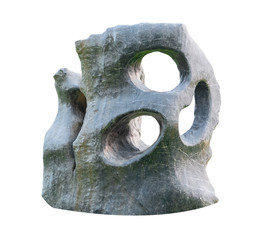 Abstract of big granite ,marble rock stone with holes in the garden zen japan style .Decorative Sculpture rock aged stone isolated on white background.Texture decoration at home concept,clipping path