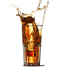 Glass of cold cola with splash on white background