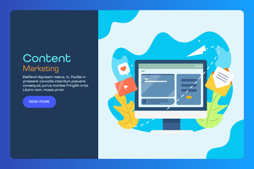 Website content marketing , online video promotion, email, social media, content development and marketing, flat design vector illustration, web banner.