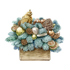 Watercolor illustration of a Christmas decor composition. New Year decoration with a golden bird, balls, dry lemons, cones, pine and fir branches in a wooden box, isolated on white background.