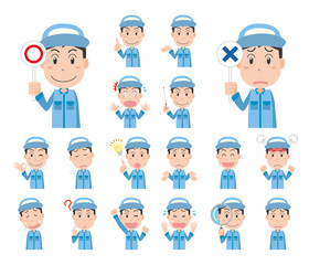 作業員　作業者　帽子　男性　作業服　表情　ポーズ　セット