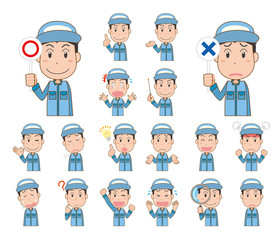作業員　作業者　帽子　男性　作業服　表情　ポーズ　セット