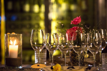 Glasses for champagne, wine, stand on a table. Wedding party, dinner or special event