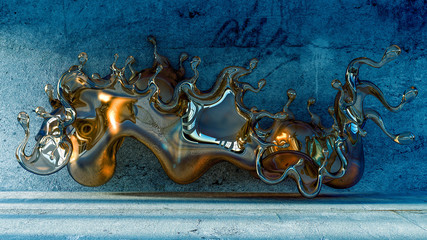 A splash of fluid in the room is a studio concrete. 3d illustration, 3d rendering.