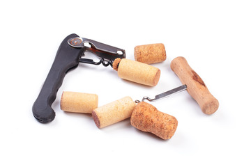 corkscrew and wine cork isolated on white background - Image