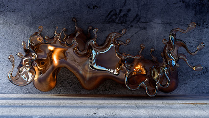 A splash of fluid in the room is a studio concrete. 3d illustration, 3d rendering.
