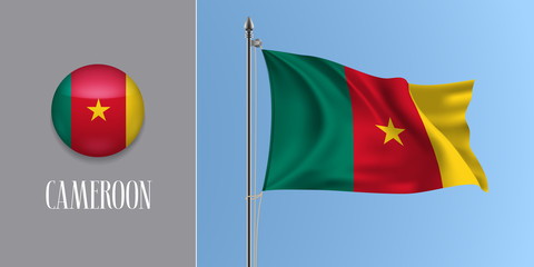 Cameroon waving flag on flagpole and round icon vector illustration