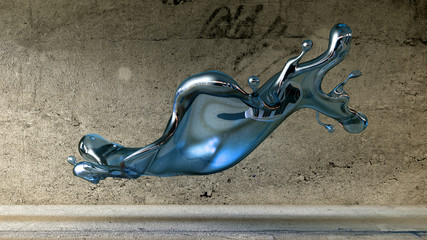 A splash of fluid in the room is a studio concrete. 3d illustration, 3d rendering.