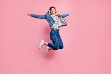 Full length body size photo of jumping excited cheerful amazed girl having learned that her...