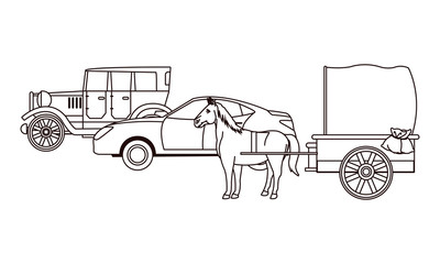 Classic cars and horse carriages vehicles in black and white