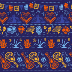 Vector seamless pattern with Mexico traditional celebration decor elements - skull, garland, flowers, guitar & abstract ornaments isolated on dark blue background. Good for packaging, prints, cards.