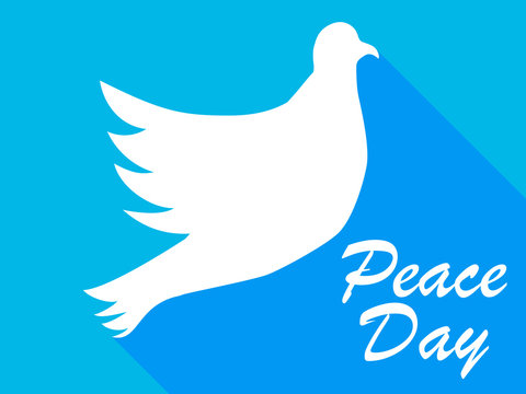 Peace day. White dove with shadow on a blue background in a flat style. Vector illustration
