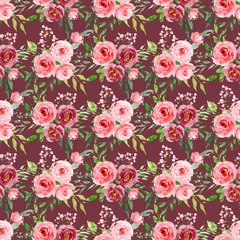 Tuinposter Seamless pattern, floral texture with watercolor flowers roses and leaves. Repeating fabric wallpaper print background. Perfectly for wrapping paper, backdrop, frame or border.  © Larisa