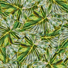 Naklejka na ściany i meble Seamless background with leaves of an exotic plant. Watercolor. Jungle.