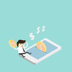 Business man sit with Money coin out of smartphone ,online income comcept