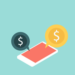 Money coin out of smartphone ,online income comcept