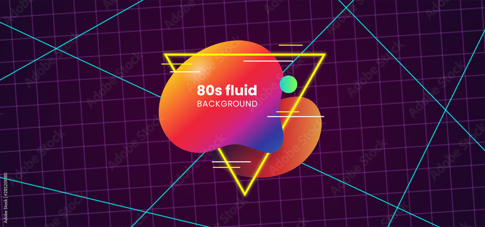 Fototapete Fluid abstract dynamic shape trendy badge label design. 80s style liquid gradient color with geometric element on dark grid space background vector illustration