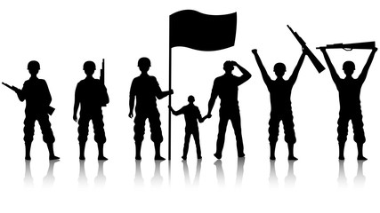 Silhouette of Soldiers holding wavy flag with rifles on white background.
