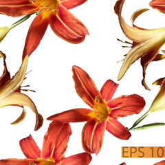 Fototapeta na wymiar Orange and red lilies on a white background. Seamless vector pattern for fabric, wrapping or curtains.