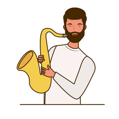 young man with saxophone on white background