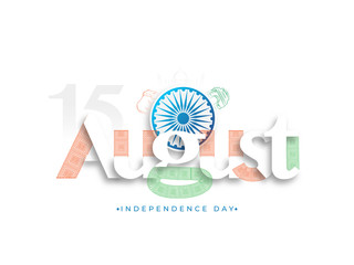 Creative stylish text 15 August with Ashoka Wheel on white background for Happy Independence Day celebration concept. Can be used as banner or poster design.