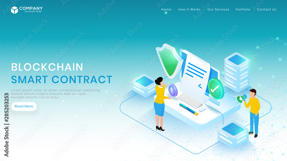 Poster advertising landing page or website design with business woman signing online form by computer, secu