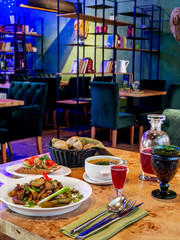 The interior of the restaurant. The served table in the restaurant.