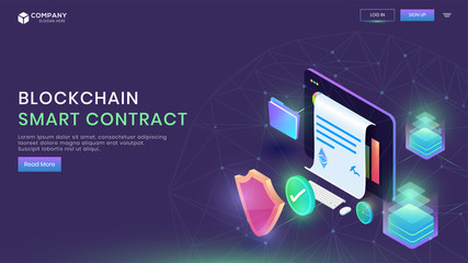 User sign up online money transaction form on computer with security analyst contract data for Blockchain or Smart Contract landing page design.